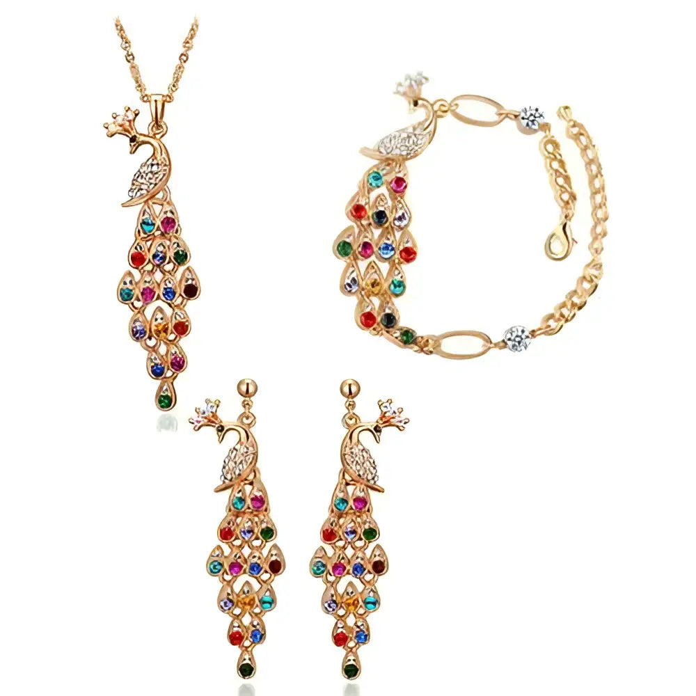 Creative crystal peacock bridal jewelry set with gold-toned necklace, bracelet, and colorful rhinestone accents