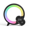 Creative q light black circular led ring clock with colorful atmosphere and light analog sunrise display showing time and temperature