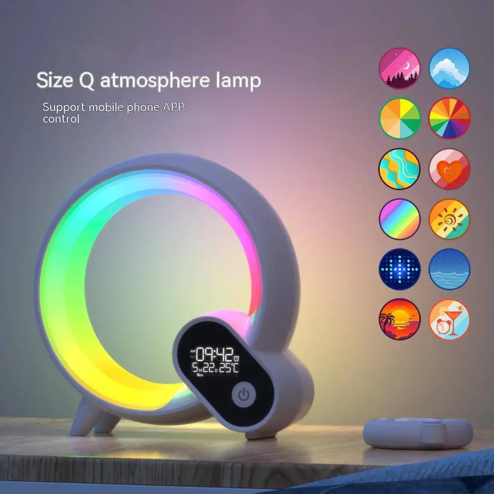 Creative q light modern q-shaped atmosphere lamp with colorful led ring and display showing time and temperature