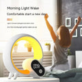 Creative q light analog sunrise alarm clock in white and yellow with digital display showing time and temperature