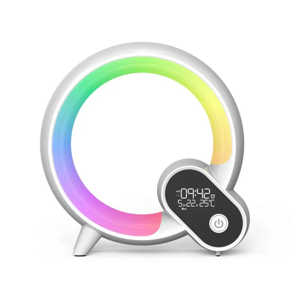 A sleek creative q light analog sunrise alarm clock with a white plastic frame and colorful atmosphere lighting ring