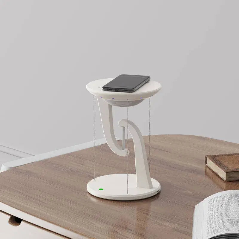 White creative smart wireless phone charger suspension lamp with curved stand and glowing green indicator light