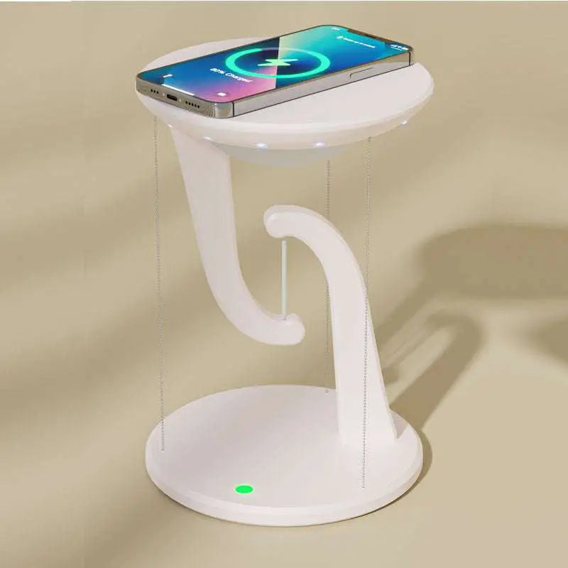 White minimalist smart wireless phone charger suspension lamp with sleek sculpted base and hanging chains