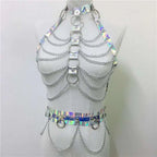 Iridescent holographic chain harness with silver metallic rings for creative versatile laser ladies belt bodysuit snakeskin pattern