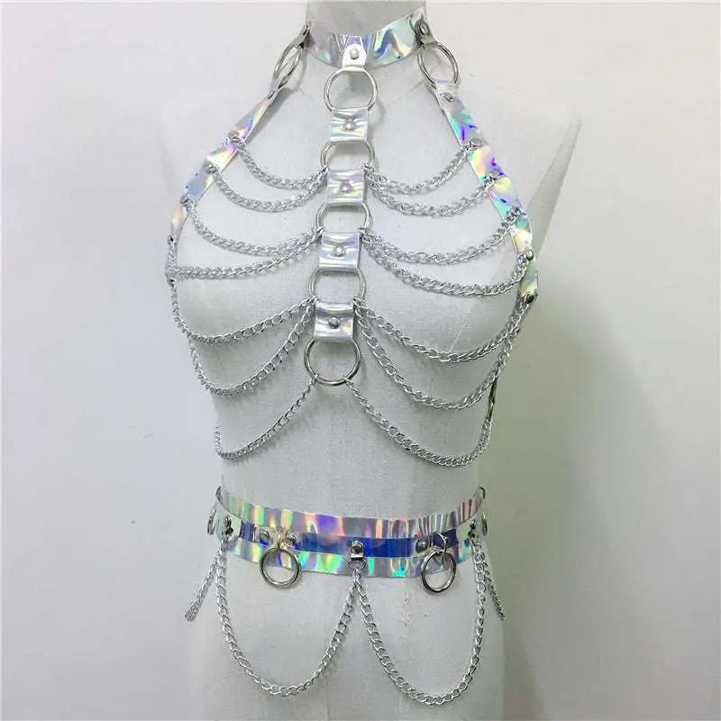 Iridescent holographic chain harness with silver metallic rings and chains for creative versatile laser ladies belt bodysuit