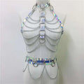 Iridescent holographic chain harness with silver metal rings and chains for creative versatile laser ladies belt bodysuit