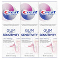 Three identical boxes of crest pro-health gum and sensitivity toothpaste with vibrant pink and blue logo on white background