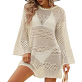 Cream-colored crochet bell sleeve womens bathing suit cover up dress with scalloped neckline and machine washing care