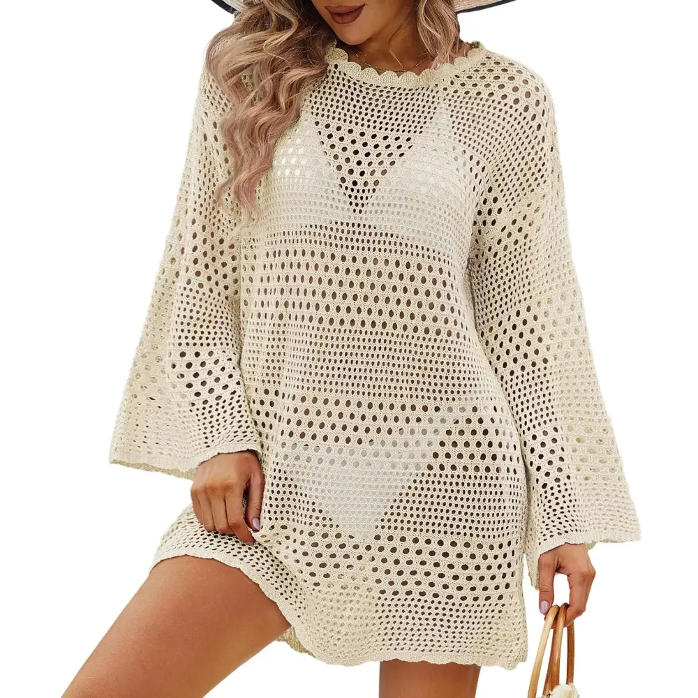 Cream-colored crochet bell sleeve womens bathing suit cover up dress with scalloped neckline and machine washing care