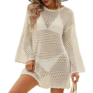 Cream-colored crochet bell sleeve womens bathing suit cover up dress with scalloped neckline and machine washing care