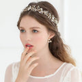 Delicate gold-toned crystal styling pearl headwear featuring clear crystals and pearl accents for elegant wedding styling