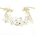 Delicate ivory styling pearl headwear with clear and black crystals, tiny pearls, and gold-toned crystal wirework