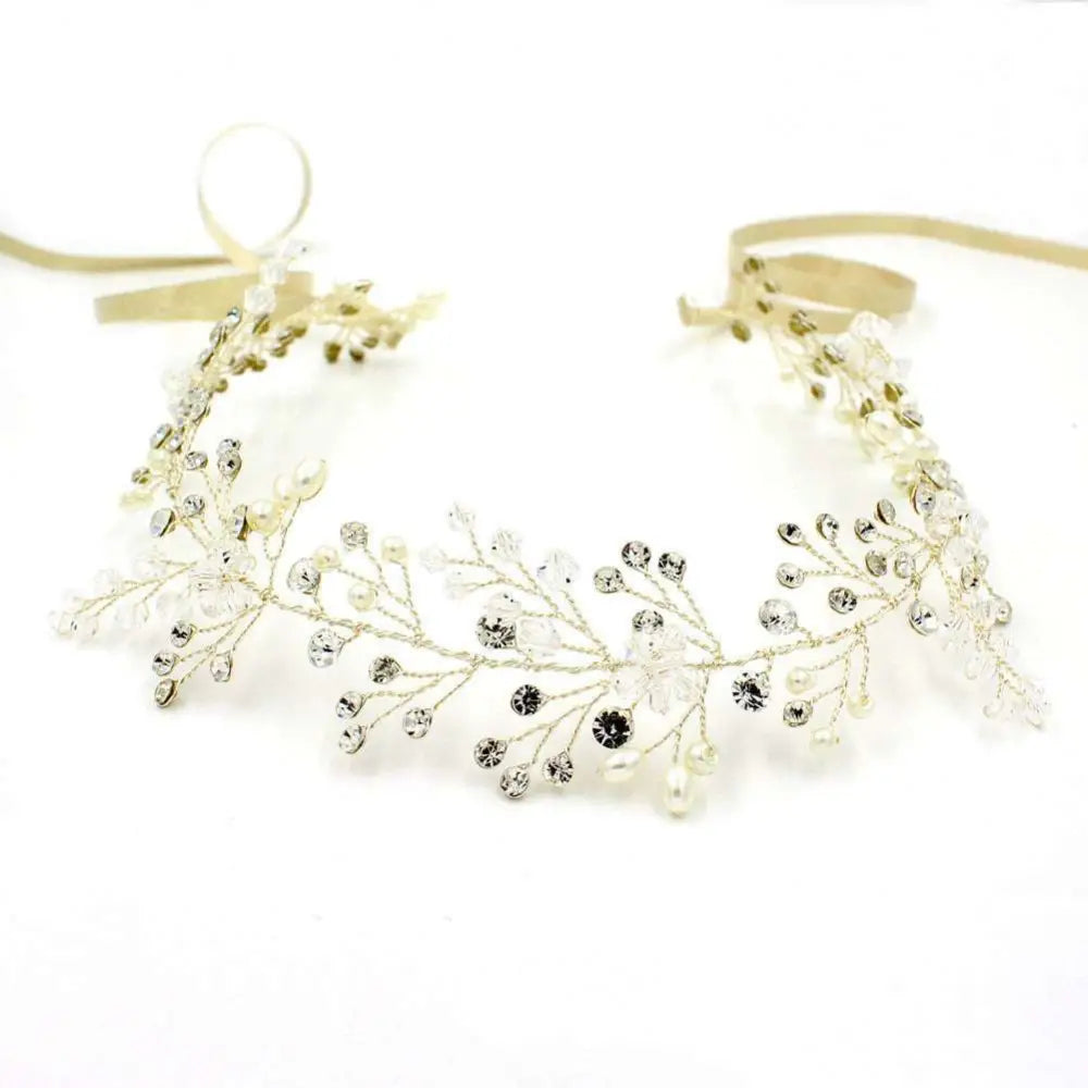 Delicate ivory styling pearl headwear with clear and black crystals, tiny pearls, and gold-toned crystal wirework