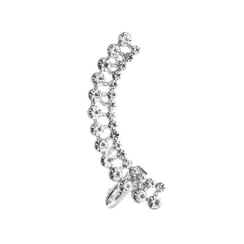 Silver rhinestone ear cuff with curved sparkling design featuring crystal butterfly flower butterfly flower single accents