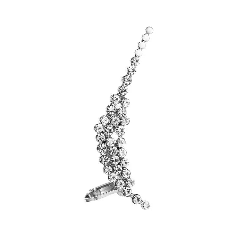 A sparkling silver rhinestone ear cuff with a curved design and clasp from the crystal butterfly flower collection
