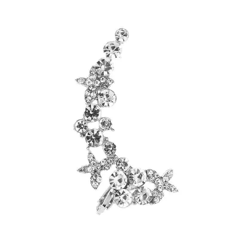Silver rhinestone ear cuff adorned with sparkling clear crystals and delicate crystal butterfly flower design