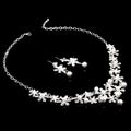 Silver crystal flower necklace adorned with sparkling crystals and white pearls for bridal use