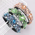Three ornate black crystal geometric glass drill rhinestone headbands with vibrant blue green and peach beads