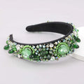 Crystal geometric glass drill rhinestone headband in black with green and clear beads metallic accents design