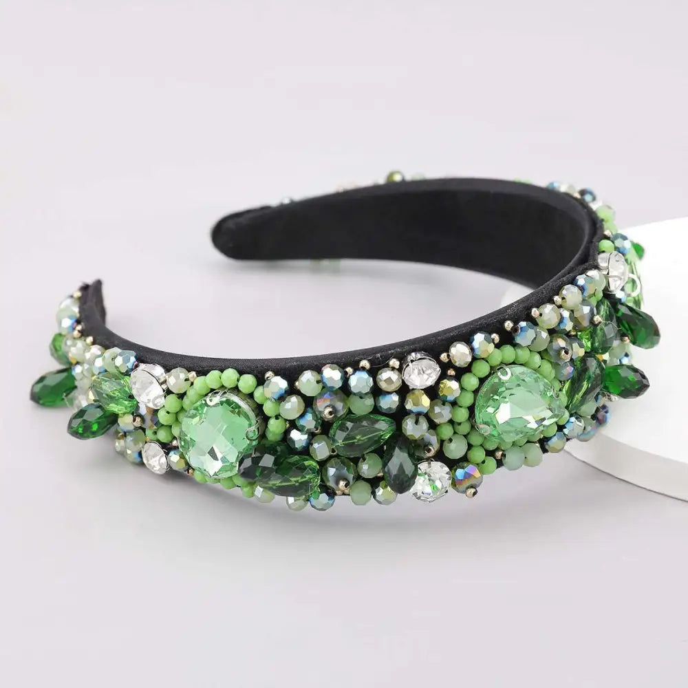 Crystal geometric glass drill rhinestone headband in black with green and clear beads metallic accents design