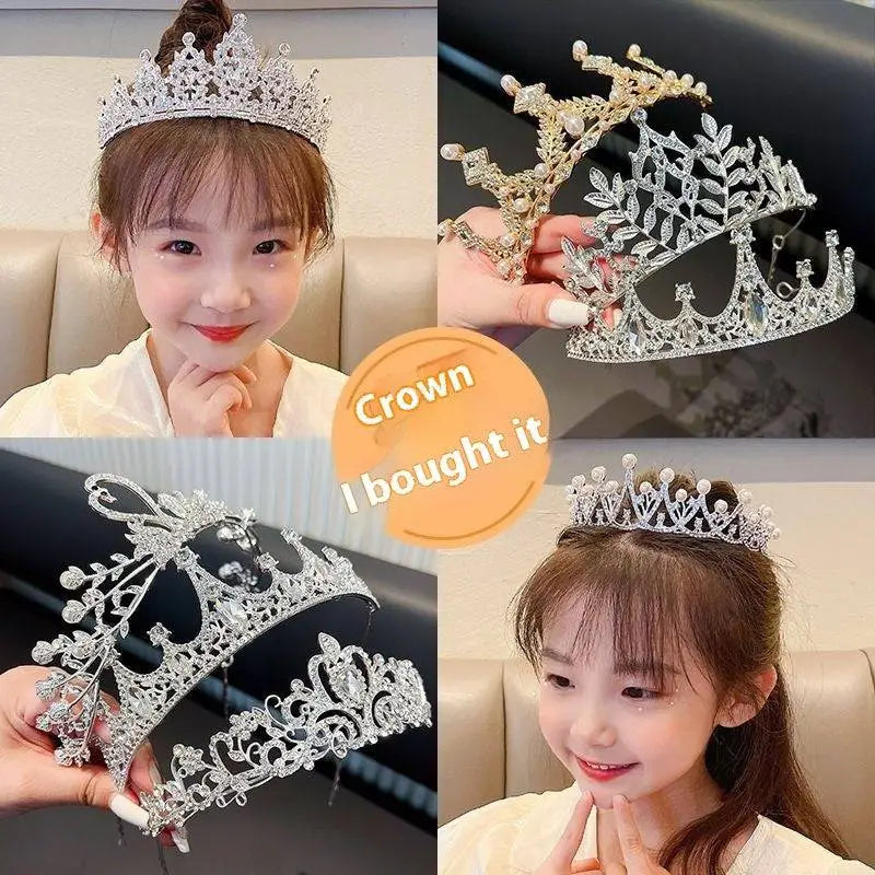 A sparkling silver crystal pearl girls princess crown headdress with intricate crystal and delicate leaf designs