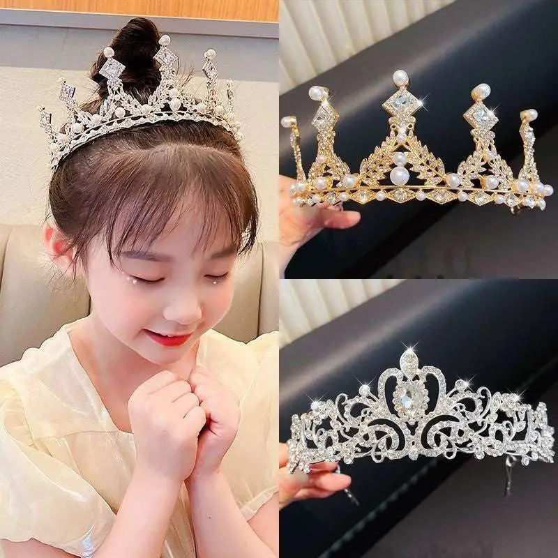 A sparkling silver girls princess crown headdress adorned with intricate crystal pearl details for special occasions