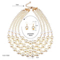 Cream-colored crystal pearl long necklace and matching earrings with gold-toned clasp in multi-strand design