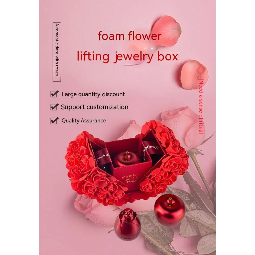 Red foam rose-shaped elegant gift box with glossy red ornaments for crystal pendant necklace symbolizing everlasting love