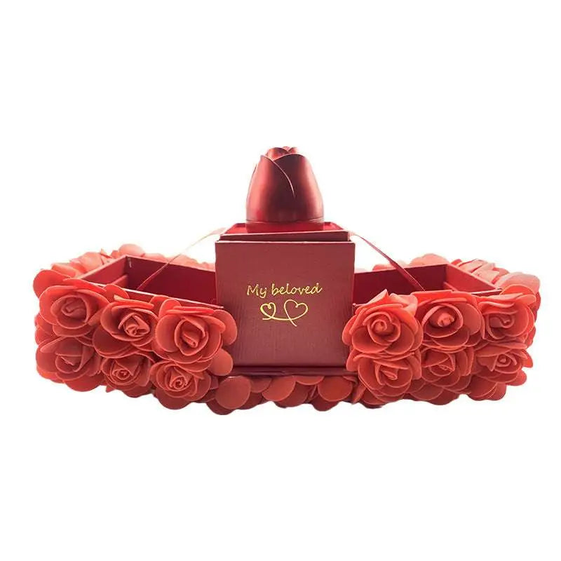 Red rose-themed elegant gift box with my beloved inscription and heart design for crystal pendant necklace symbolizing everlasting love