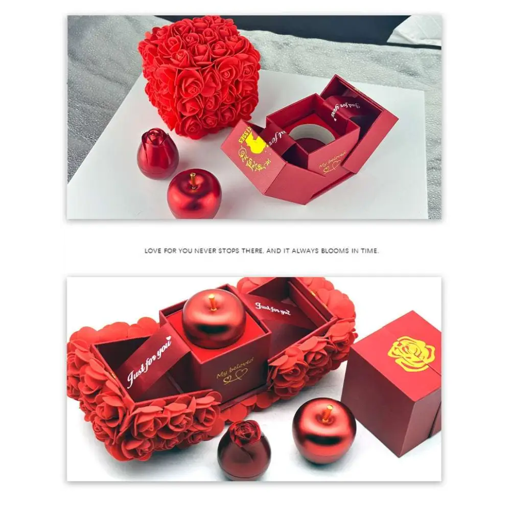 Red rose-themed elegant gift box featuring a crystal pendant necklace with glossy apple and rose ornaments symbolizing everlasting love