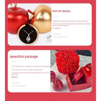 Red and gold apple-shaped elegant gift box with black velvet interior holding a silver crystal pendant necklace symbolizing everlasting love