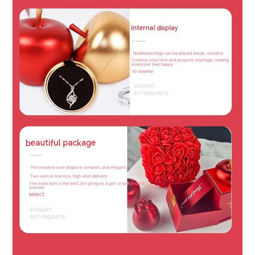 Red and gold apple-shaped elegant gift box with black velvet interior holding a silver crystal pendant necklace symbolizing everlasting love