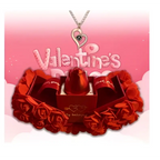 A shiny red lipstick in an elegant gift box with paper roses and a crystal pendant necklace symbolizing everlasting love
