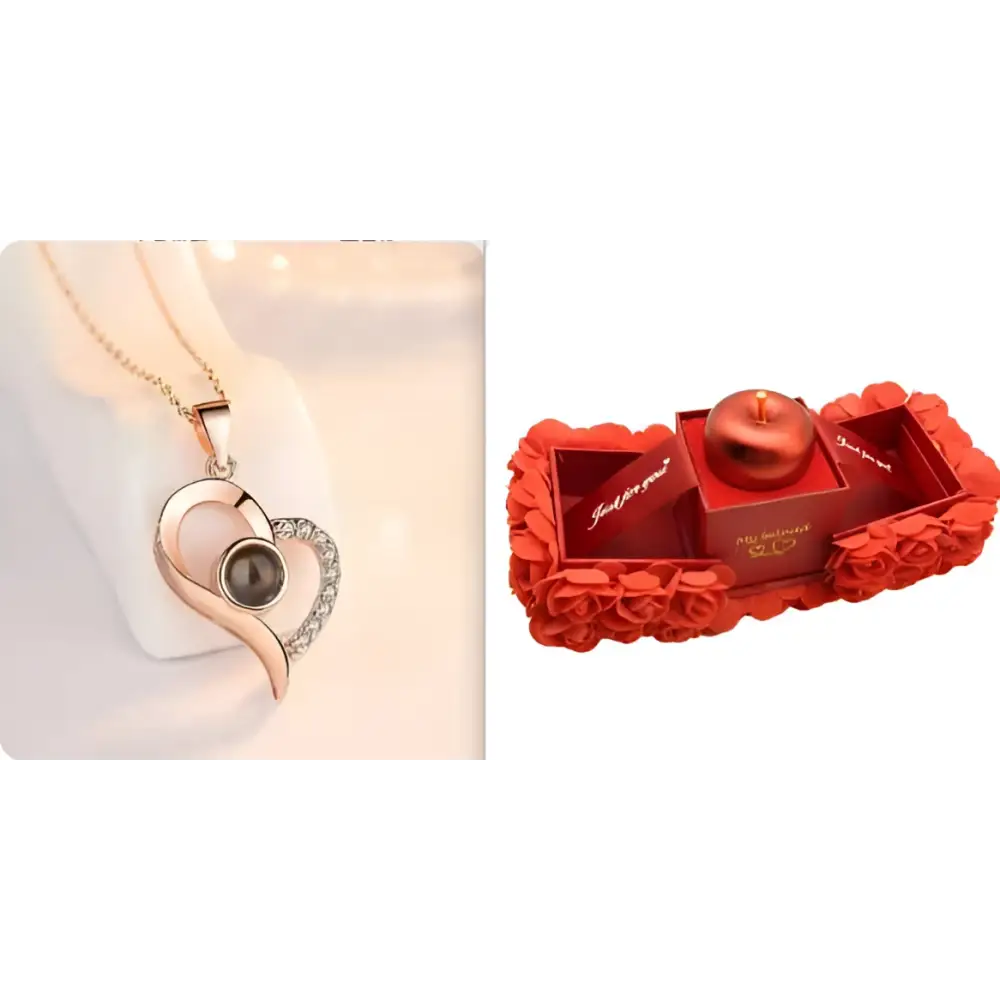 Rose gold heart crystal pendant necklace with sparkling diamonds and dark gemstones in an elegant gift box for everlasting love