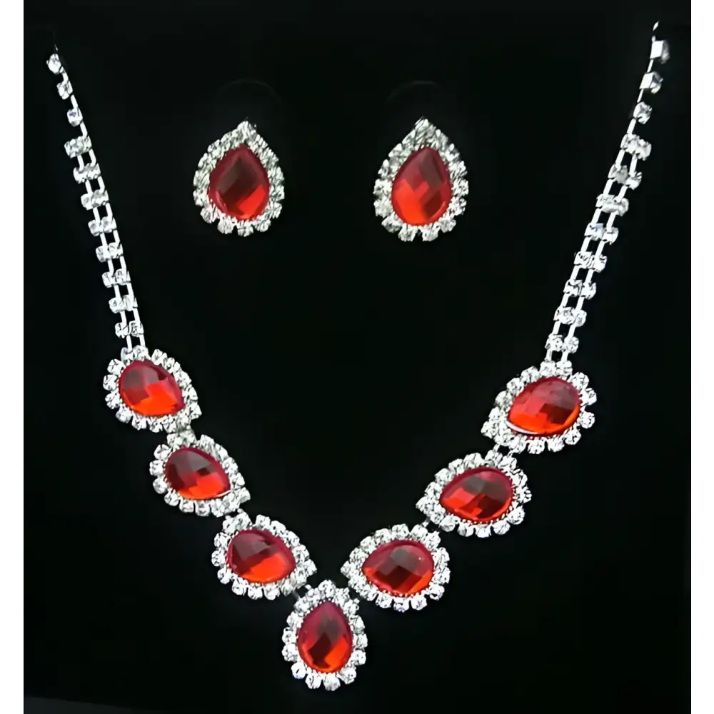 A customizable bride jewelry sparkling red and silver teardrop necklace with rhinestone accents and color diamond earrings set