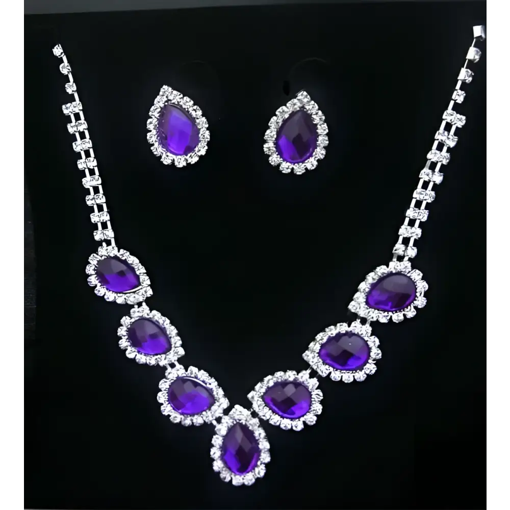 Customizable bride jewelry color diamond earrings set featuring purple teardrop gemstones with clear crystals in silver metal