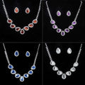 Set of customizable bride jewelry color diamond earrings set with orange, purple, blue, and clear crystal teardrop designs