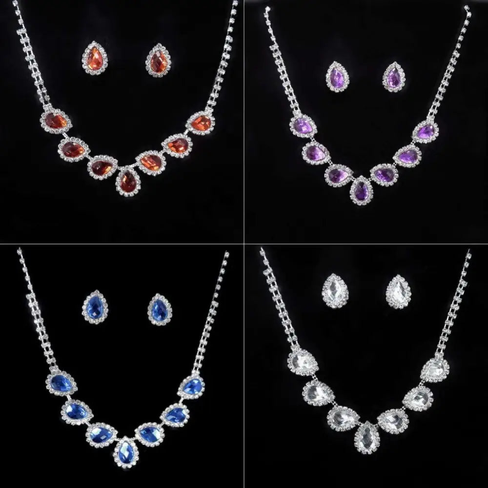 Set of customizable bride jewelry color diamond earrings set with orange, purple, blue, and clear crystal teardrop designs