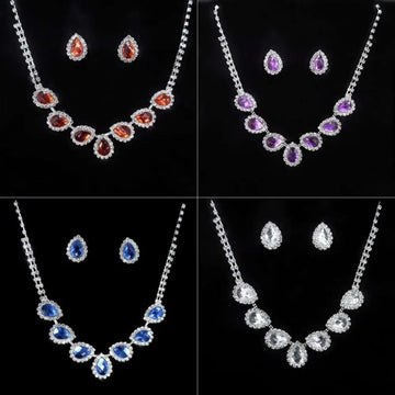 Set of customizable bride jewelry color diamond earrings set with orange, purple, blue, and clear crystal teardrop designs