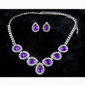 Elegant purple amethyst customizable bride jewelry necklace set with silver-toned chains and halo settings for brides