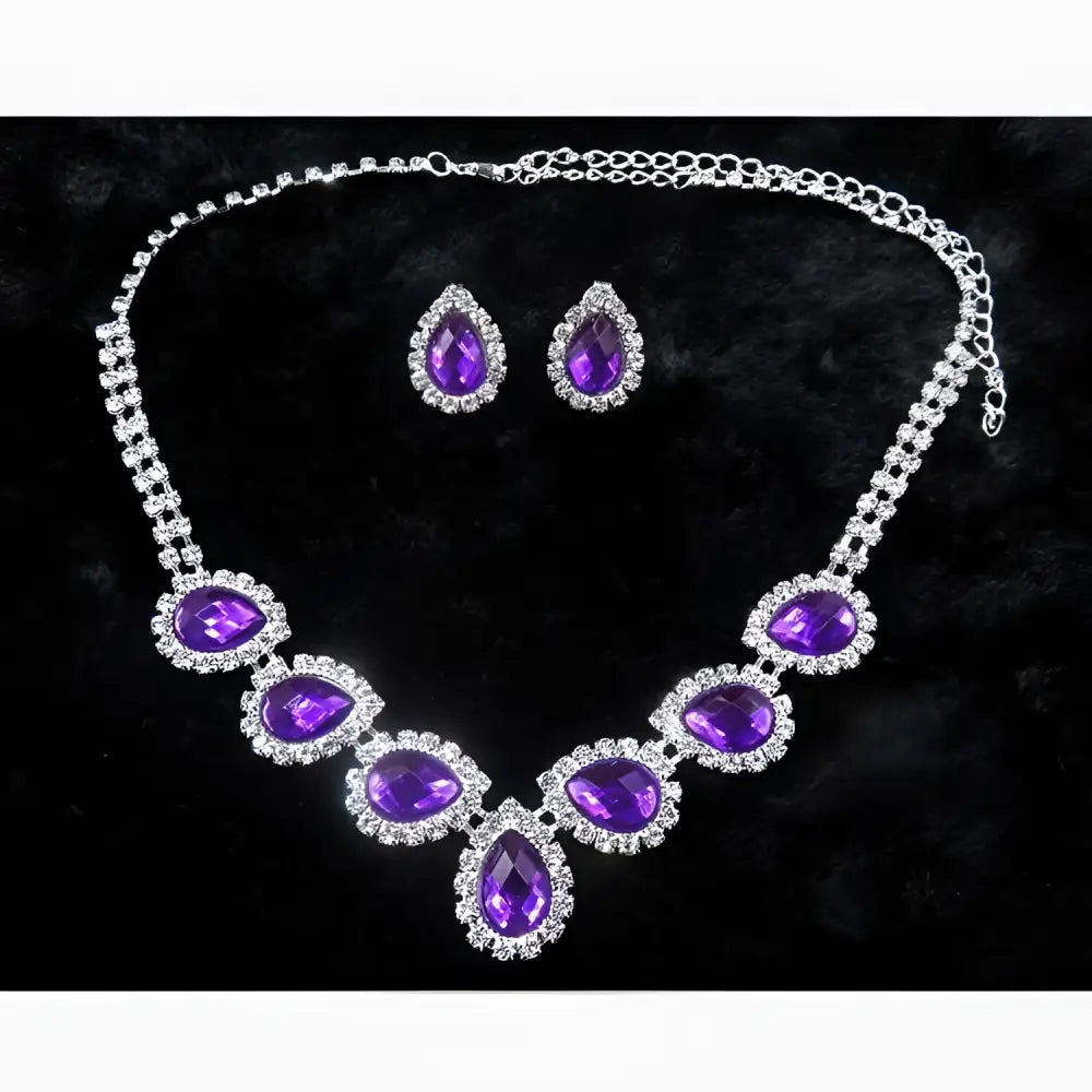 Elegant purple amethyst customizable bride jewelry necklace set with silver-toned chains and halo settings for brides