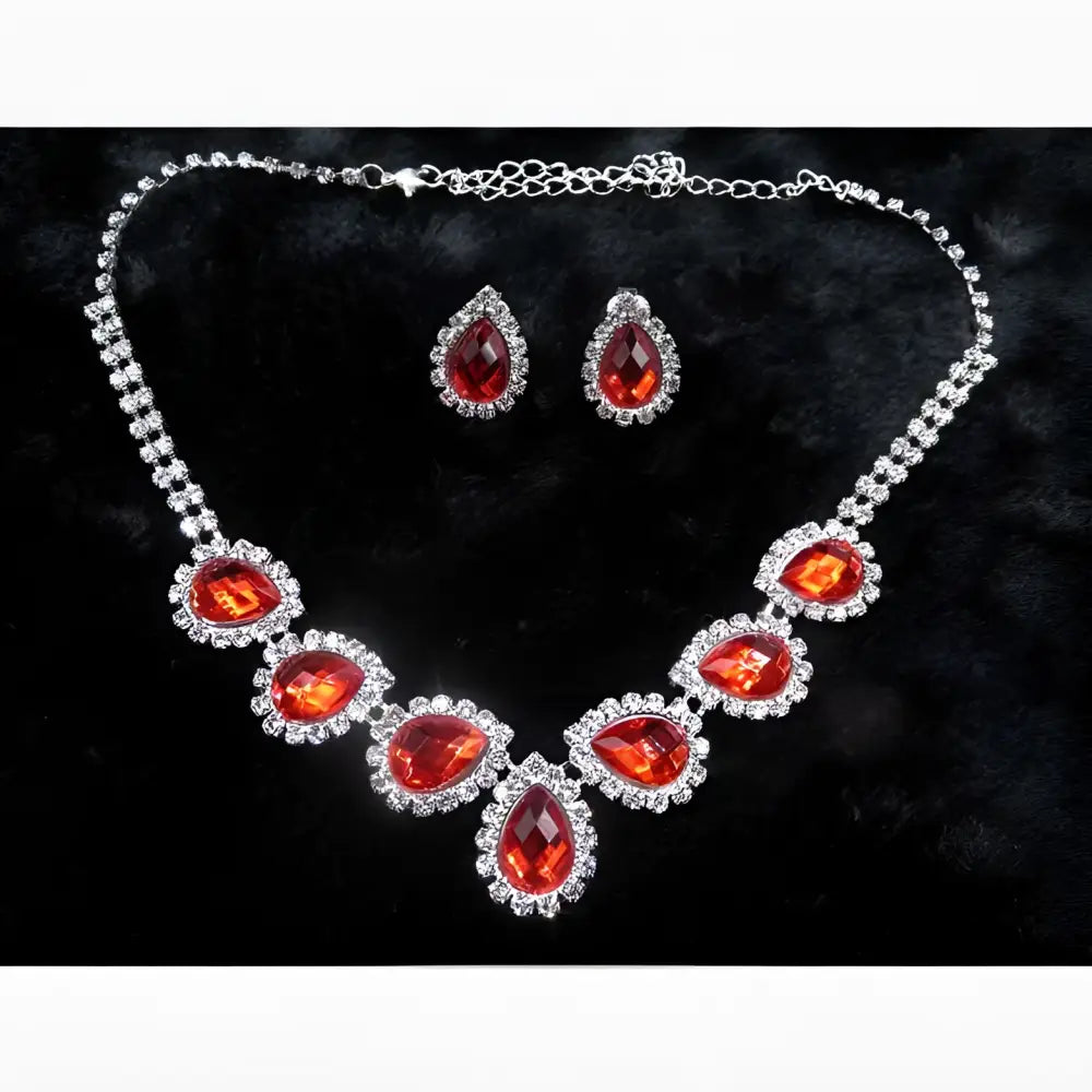 Elegant red and silver customizable bride jewelry color diamond earrings set with teardrop pendant and sparkling crystals