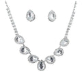 A customizable bride jewelry diamond earrings set with a silver necklace and teardrop clear crystals in rhinestone bezels