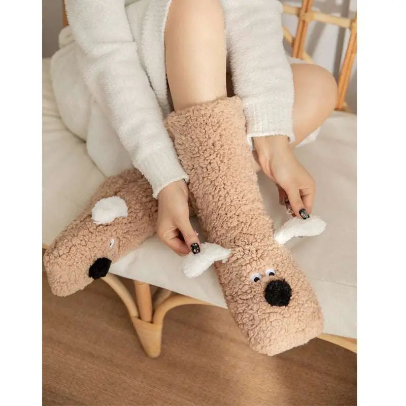 Beige plush dog floor socks with cute cartoon dog design and nose details designed in white and black embroidery