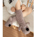 Soft gray plush cute cartoon dog floor socks featuring nose details designed with black nose and button eyes