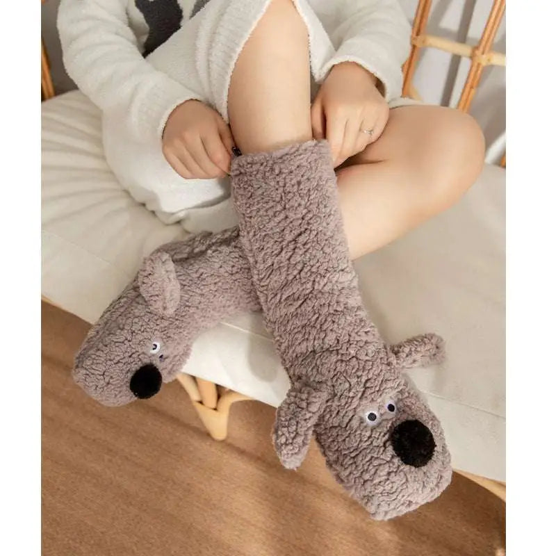 Soft gray plush cute cartoon dog floor socks featuring nose details designed with black nose and button eyes