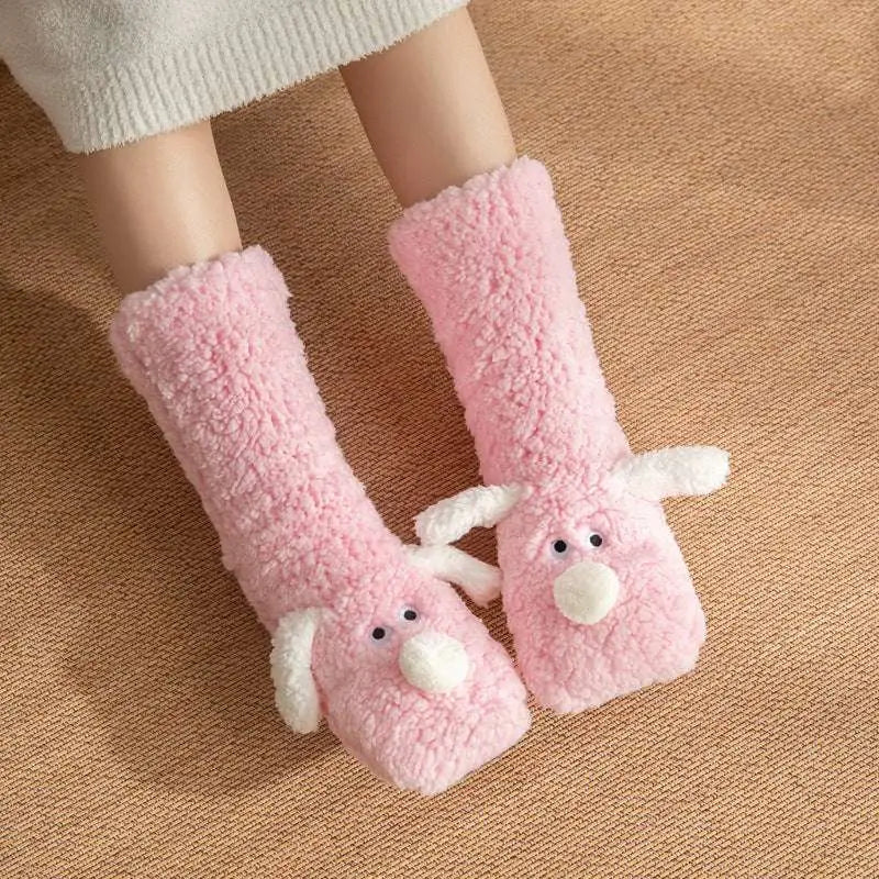 Cute cartoon dog floor socks in white and beige with soft fabric and detailed embroidered nose designed for comfort