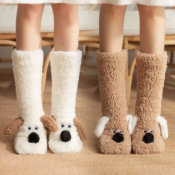 Cute cartoon dog floor socks in white and beige with soft fabric and detailed embroidered nose designed for comfort