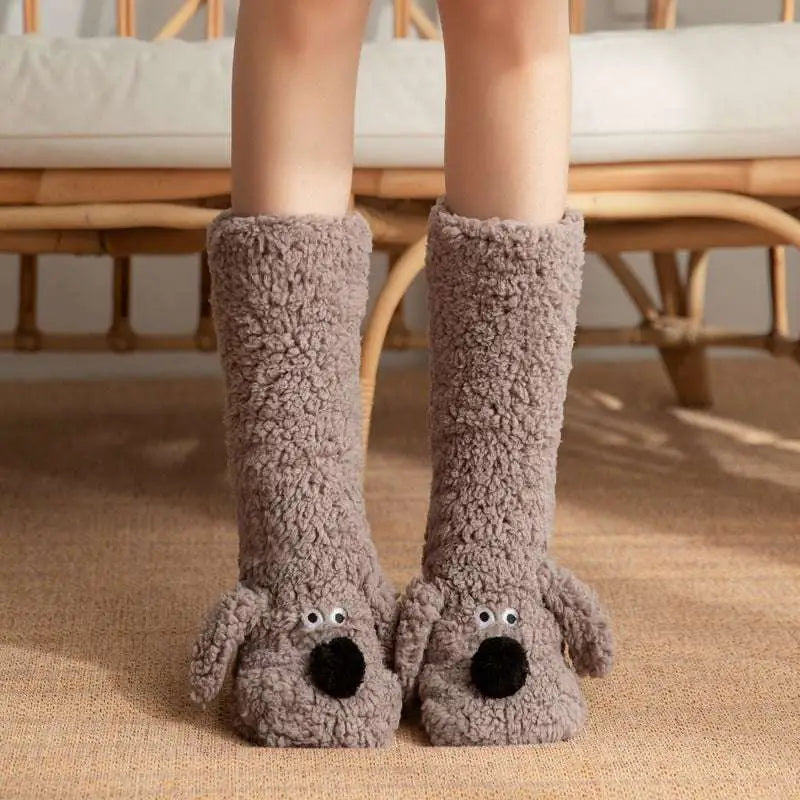 Soft gray plush cute cartoon dog floor socks with black pom-pom nose details designed and googly eyes