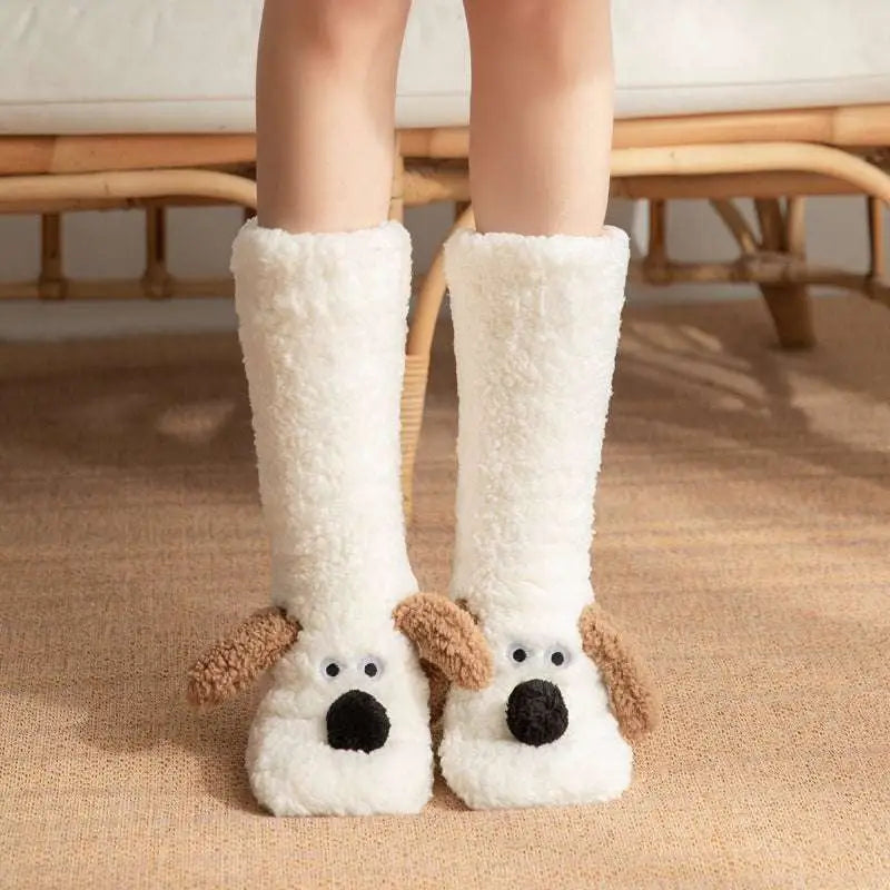 Cute cartoon dog floor socks in white fluffy material with brown floppy ears and nose details designed for comfort